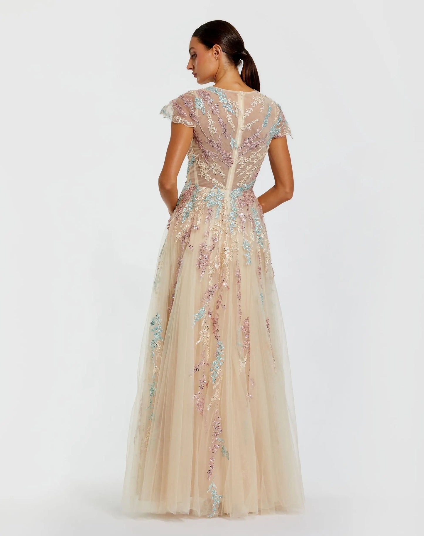 Nude Multi Floral Embroidered Tulle Gown