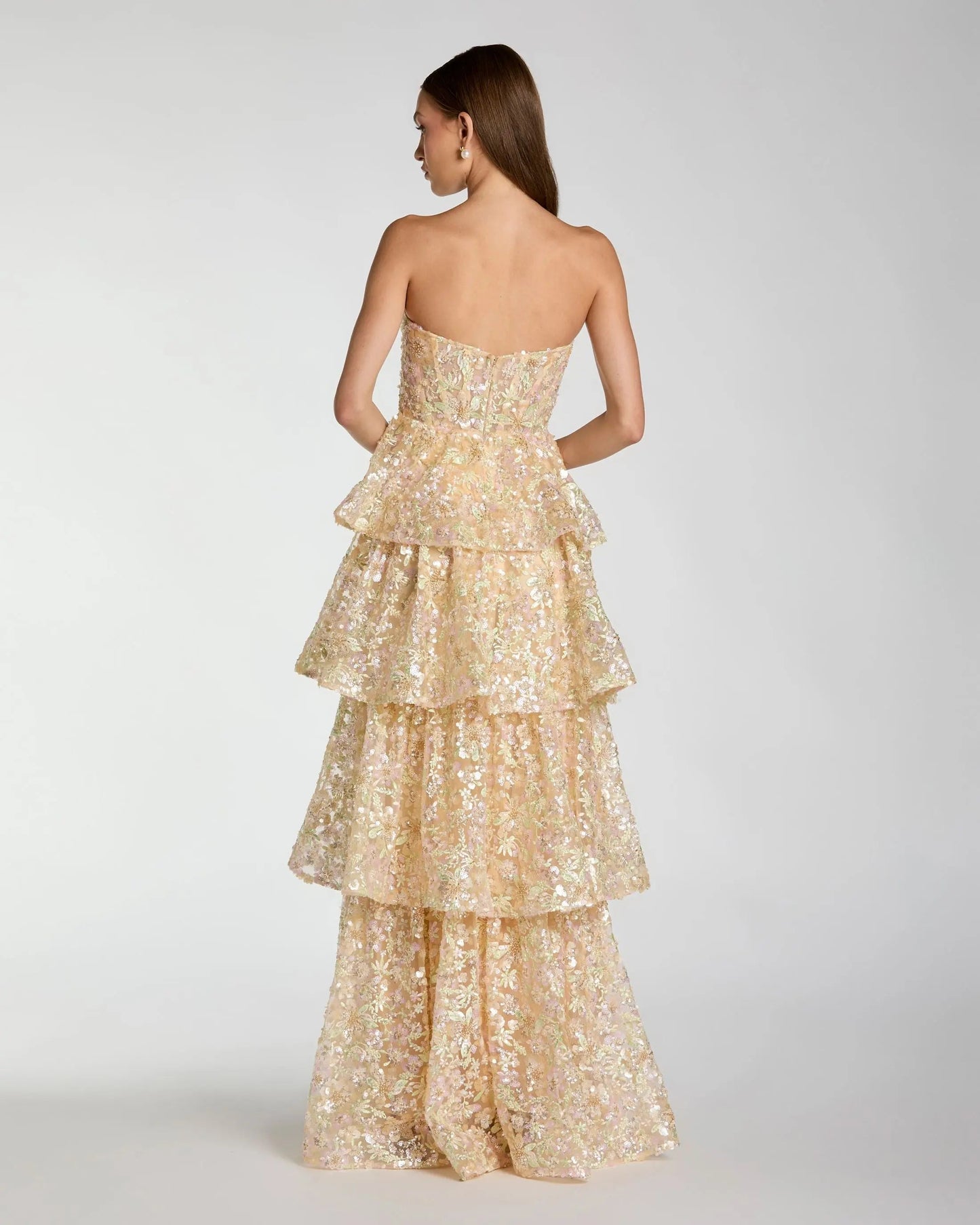 Gold Embellished Strapless Sweetheart Ruffle Gown