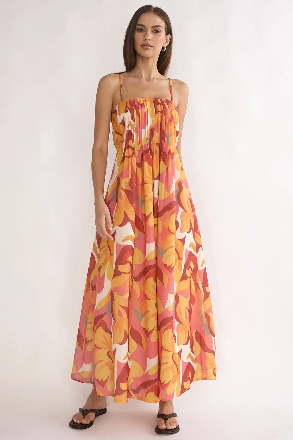 Lysette Pintuck Pleat Maxi Dress Print Orange