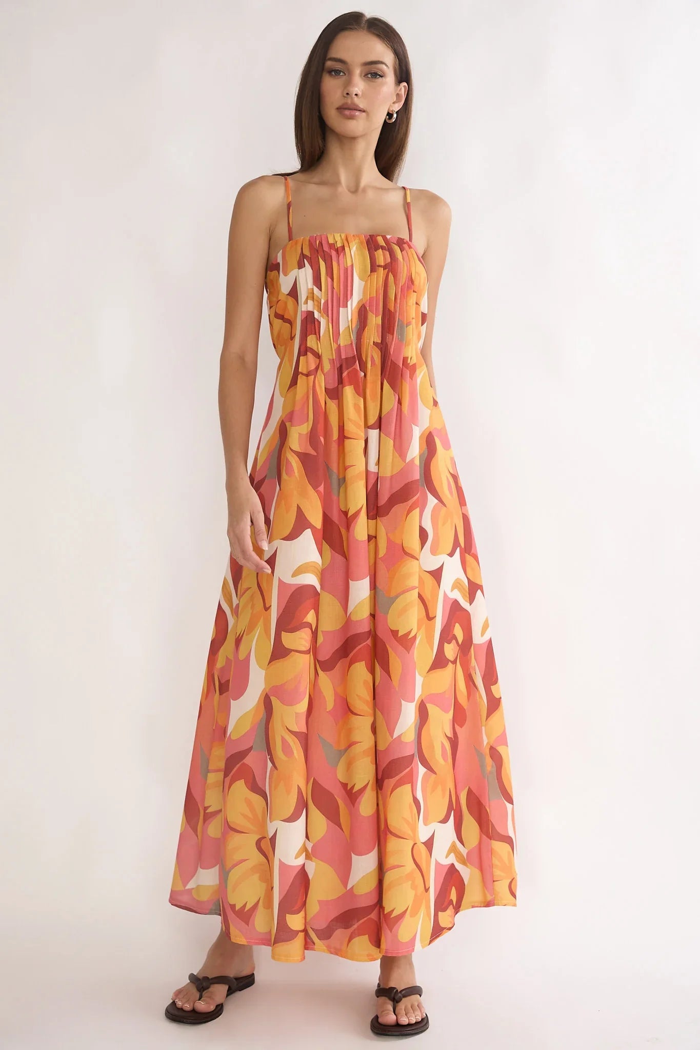 Lysette Pintuck Pleat Maxi Dress Print Orange