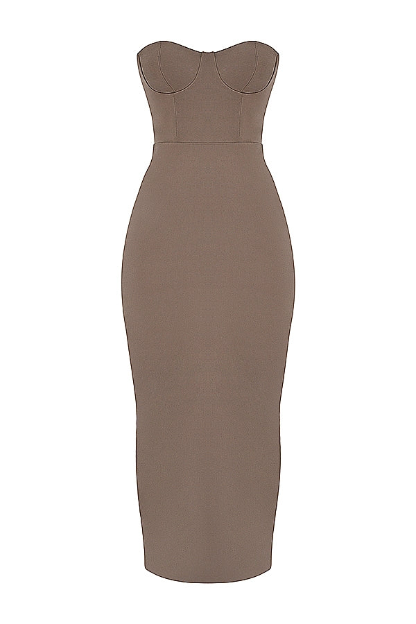 taupe strapless corset maxi dress