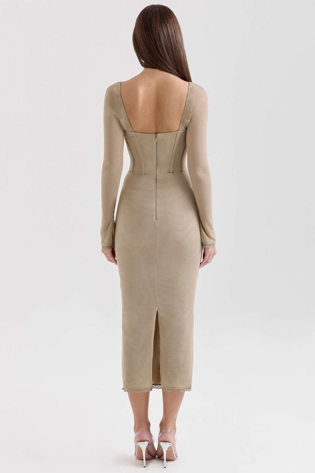 beige mesh long sleeve bodycon midi dress