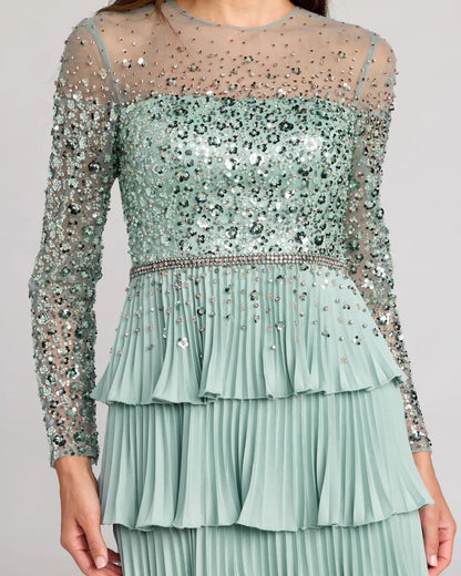 Green Embellished Illusion Long Sleeve Ruffle Gown