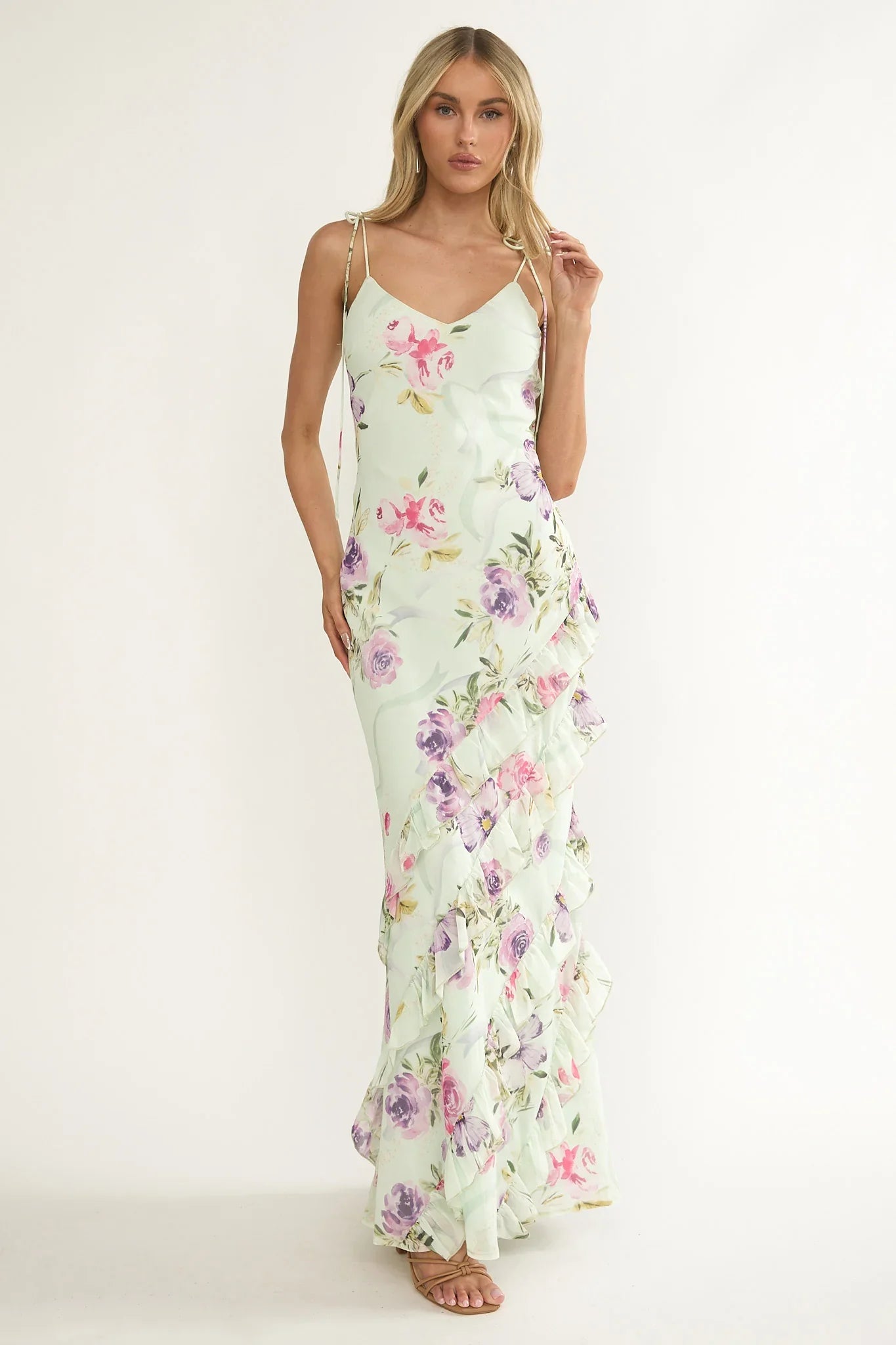 Dreamy Day Ruffle Trim Maxi Dress Mint Floral