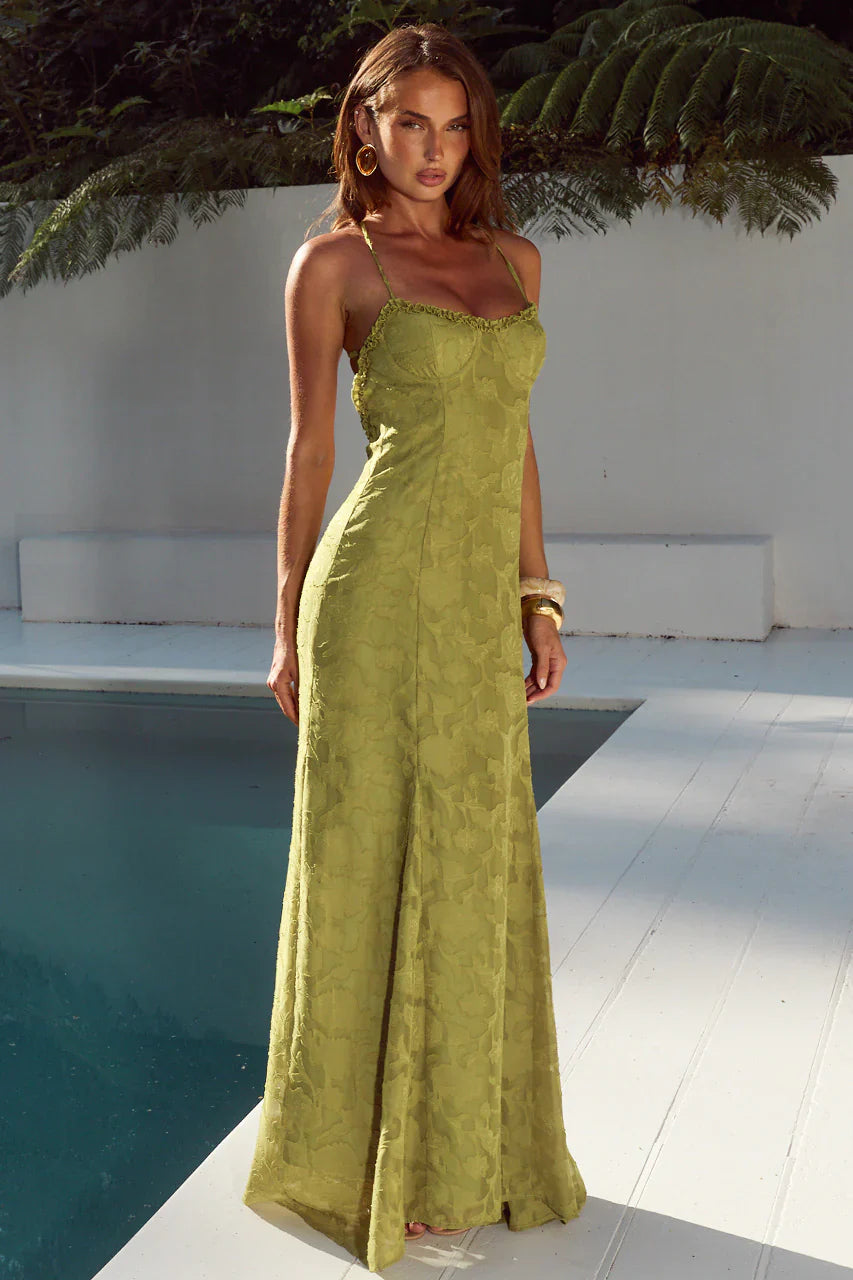 ELLERBY FRILL TRIM MAXI DRESS - OLIVE