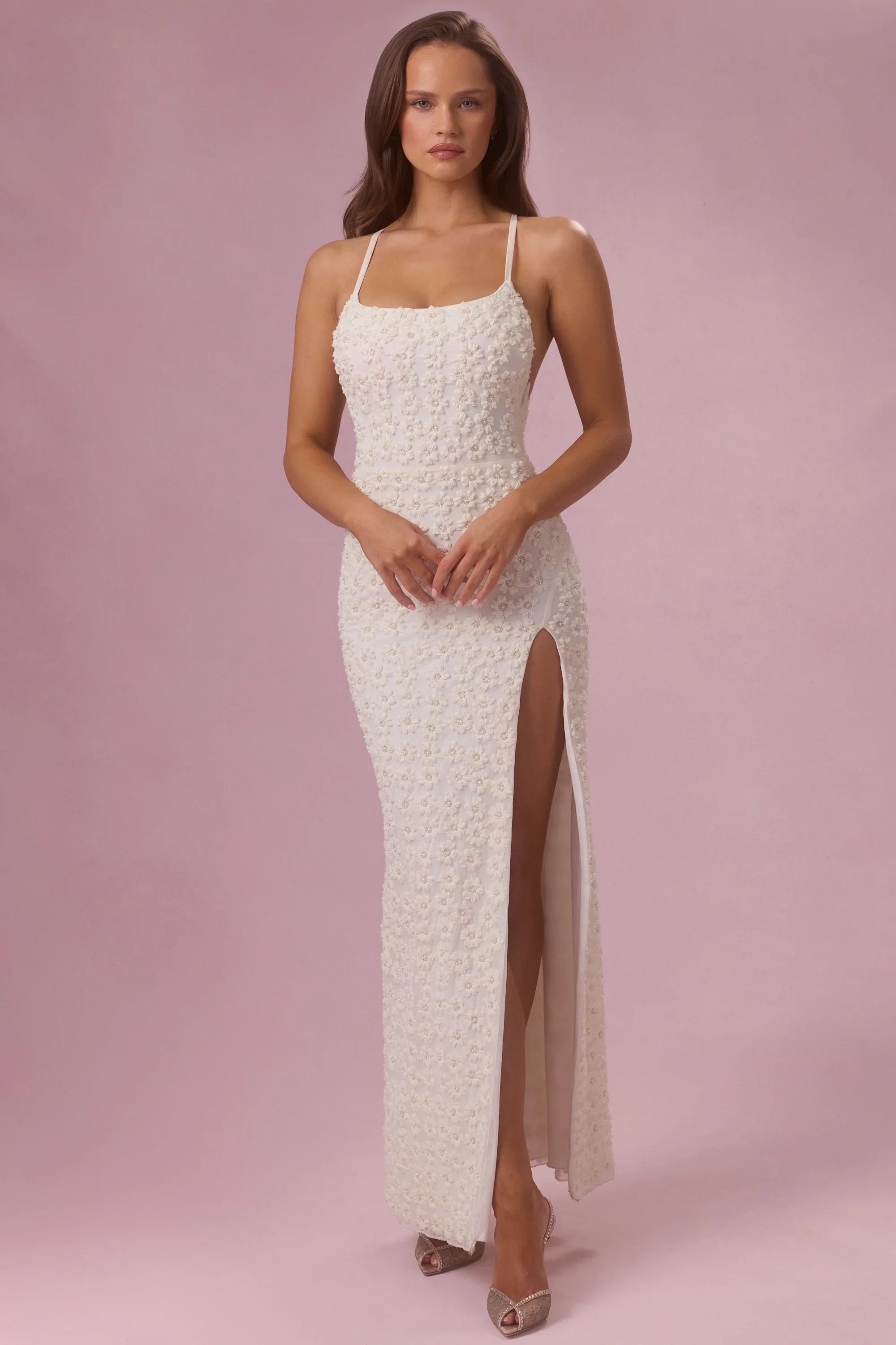 Embellished Square Neck Maxi Dress in Ivory