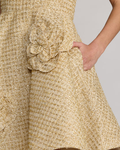 Gold Boucle Floral Applique Mini Dress With Pockets