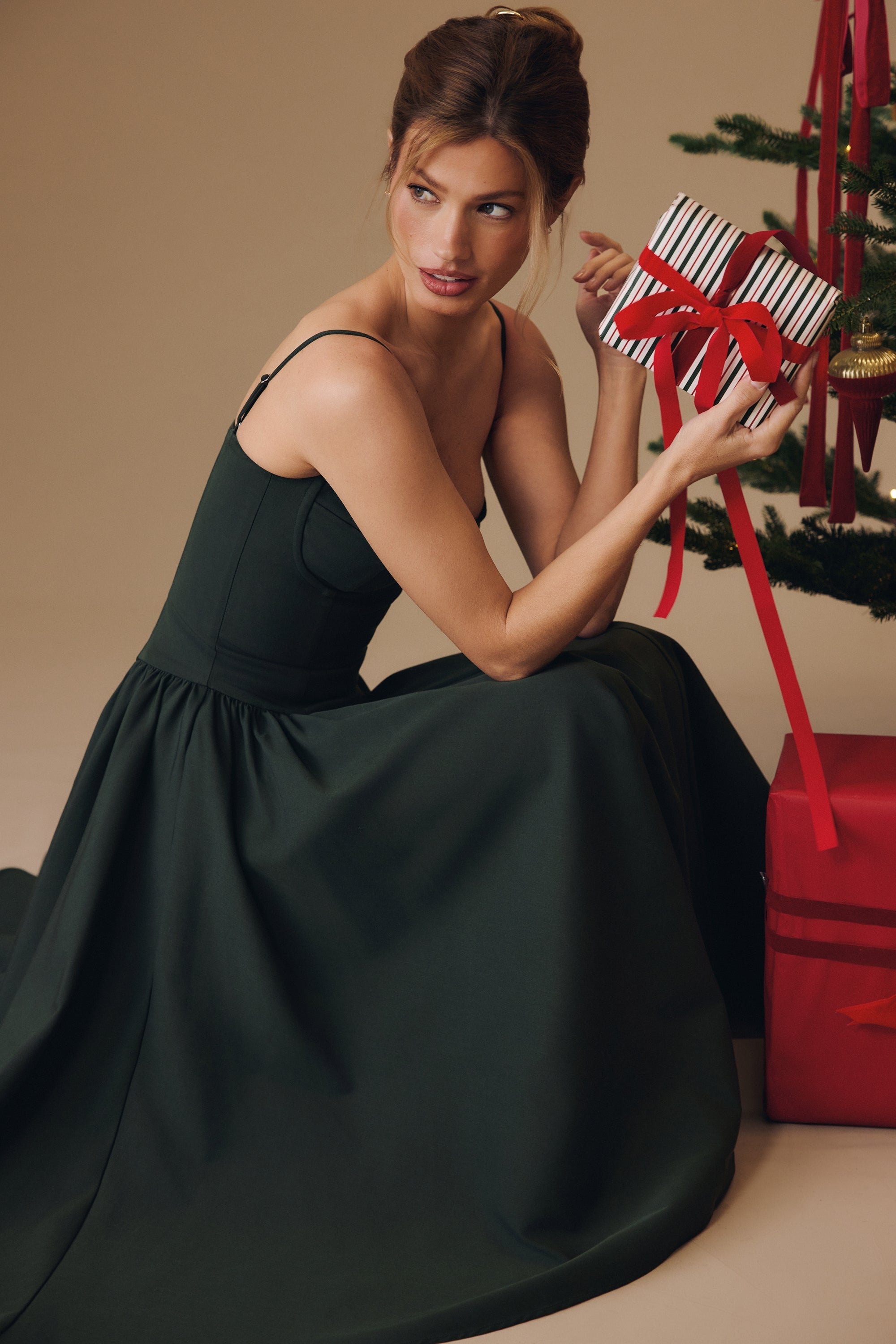 emerald green corset midi dress