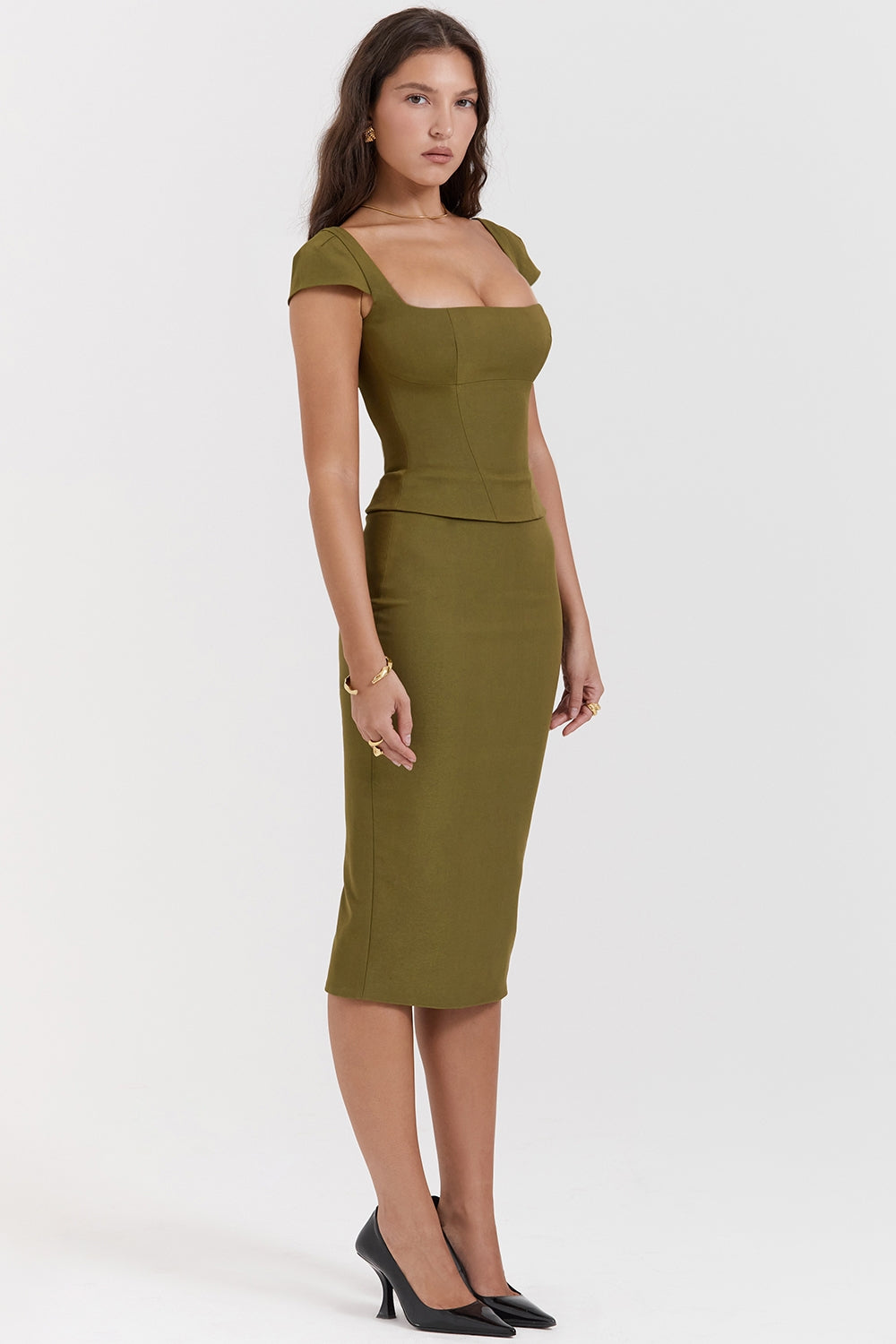 olive corset midi dress