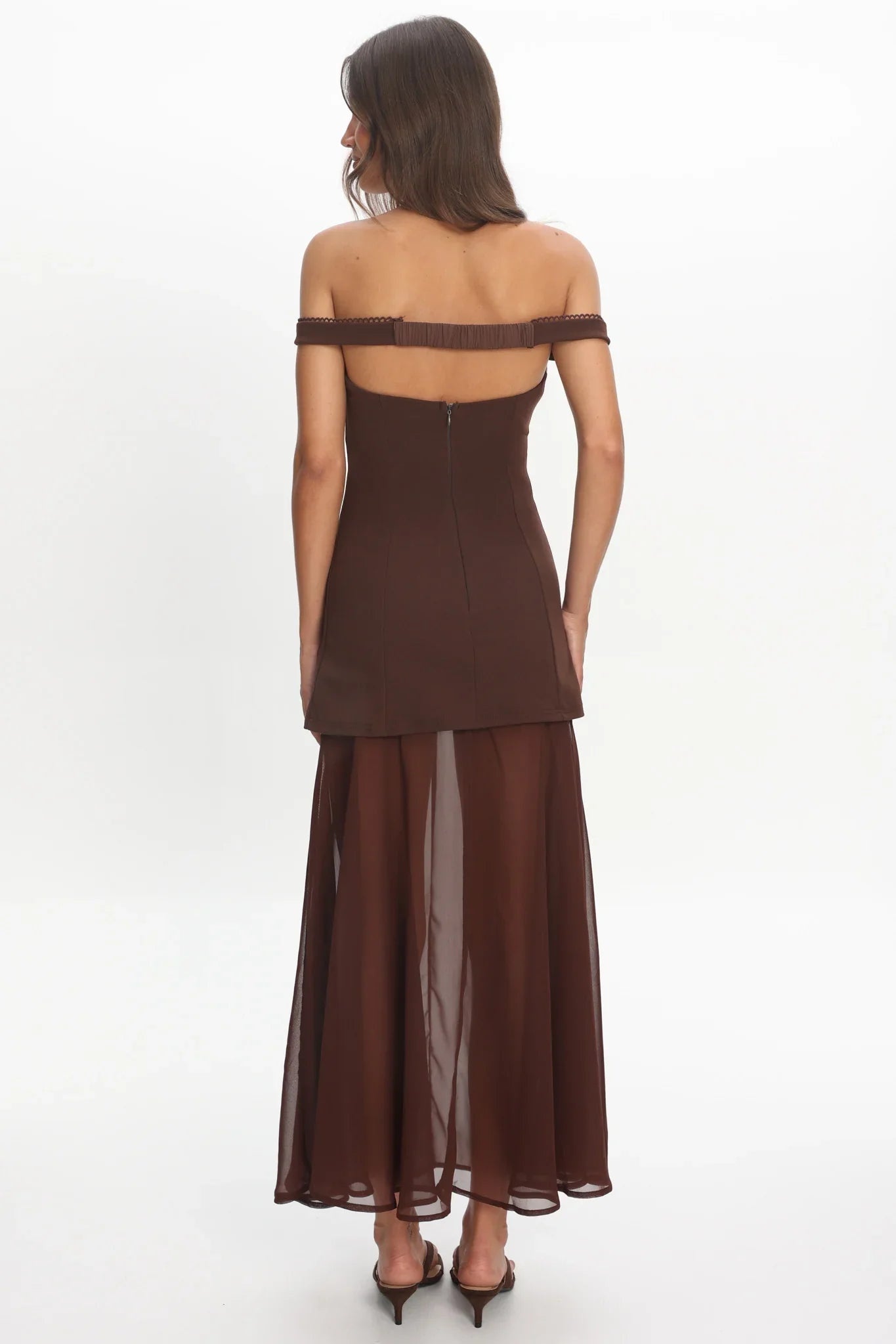 Opulent Off-Shoulder Sheer Hem Maxi Dress Chocolate
