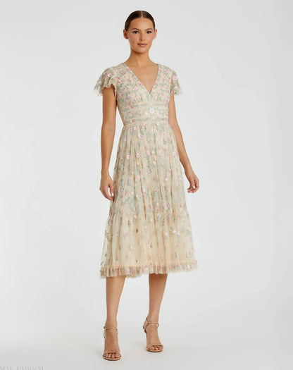 Embroidered V Neck Cap Sleeve Midi Dress