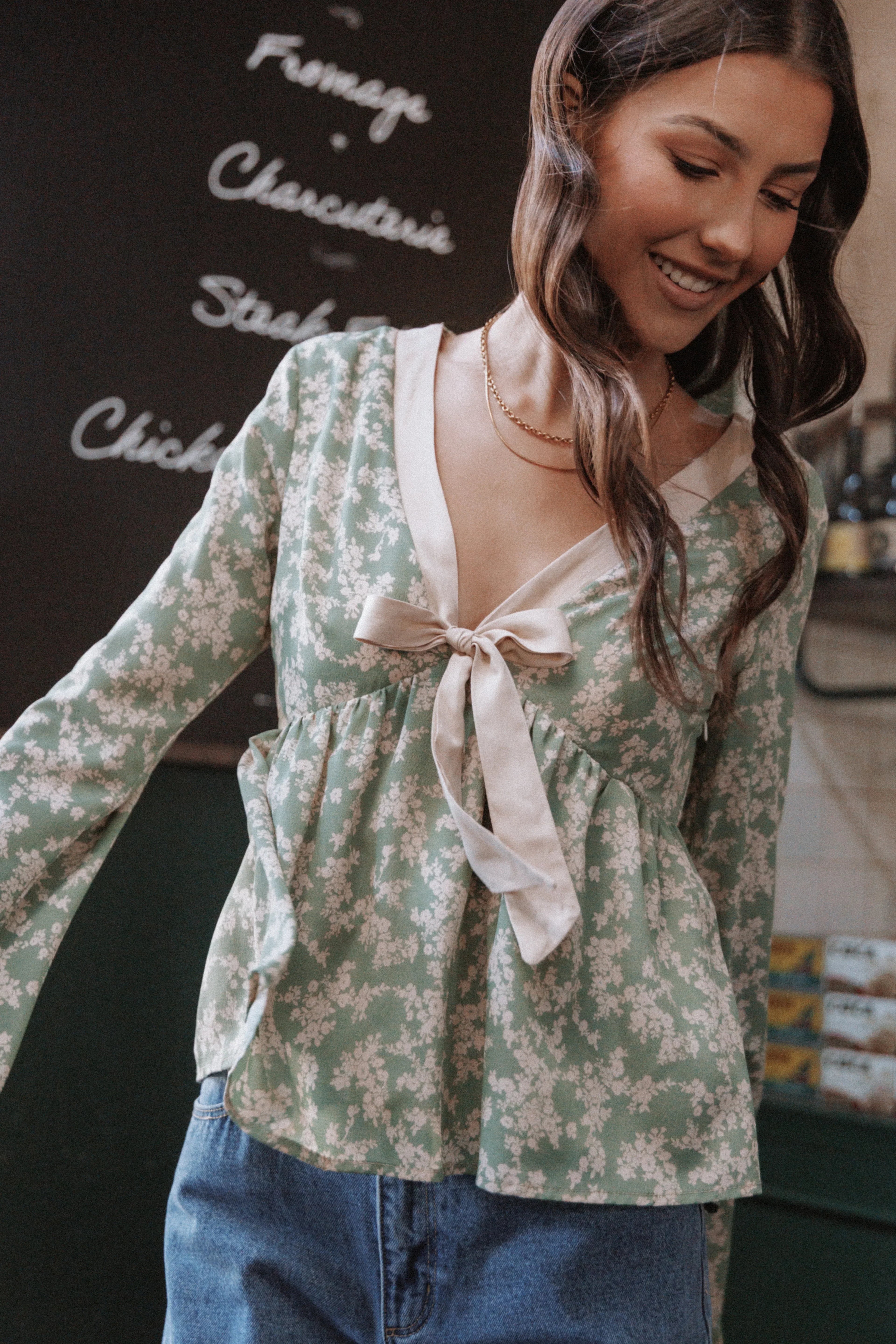 Reeva Long Sleeve Top - Green Floral