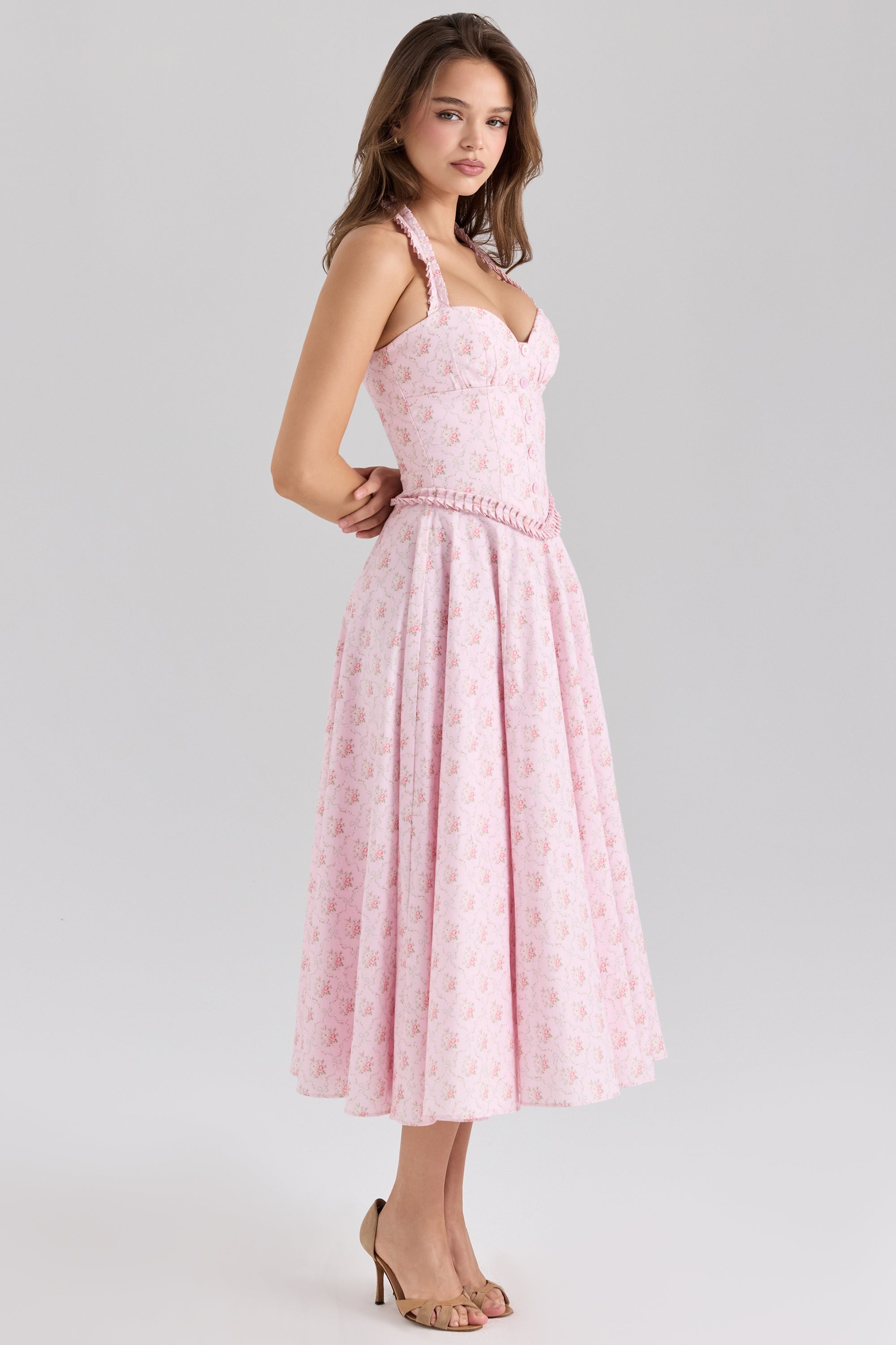 pink rose print stretch cotton halter neck midi dress