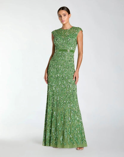 Green Embellished High Neck Cap Sleeve Gown