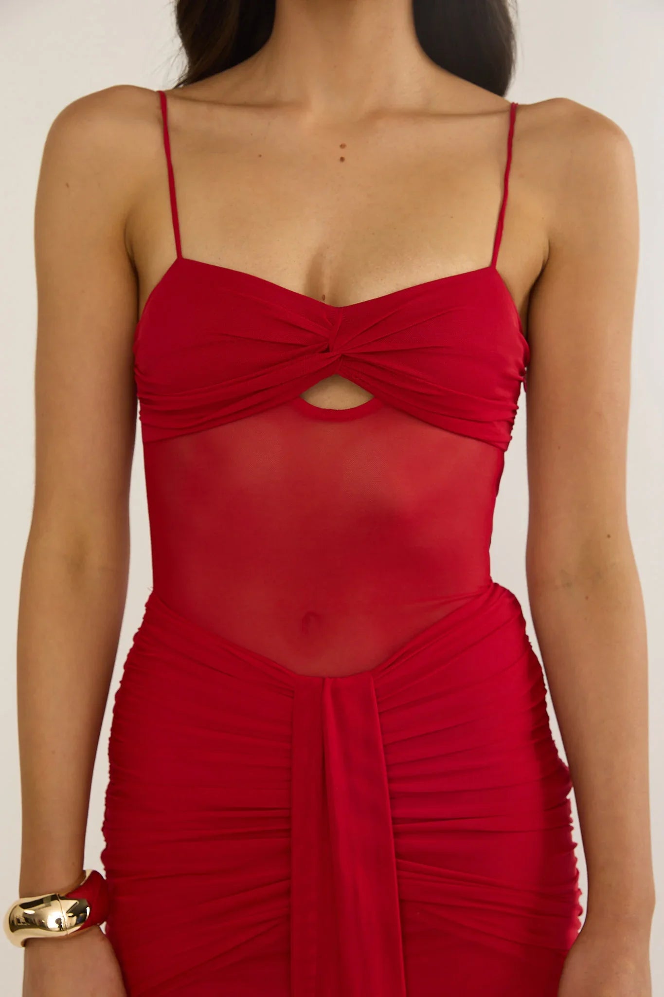 Kamilah Ruched Sheer Waist Maxi Dress Red