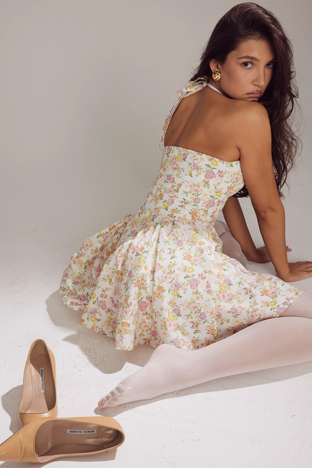 ivory meadow print cotton halter mini dress