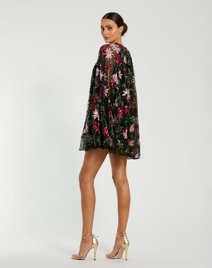 Black Floral Embellished Cape Mini Dress