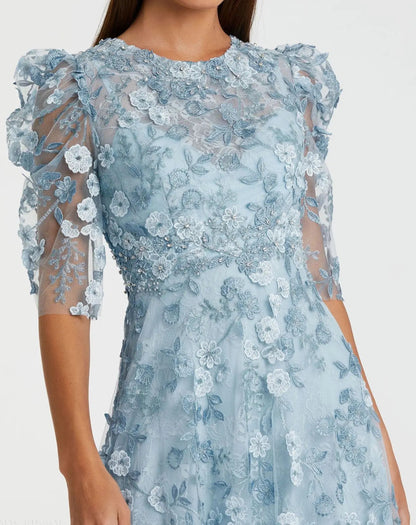 Blue Applique High Neck Puff Sleeve A Line Dress