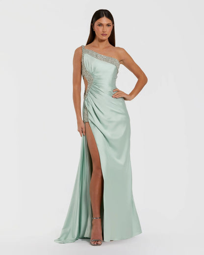 Green Embellished One Shoulder Satin Gown