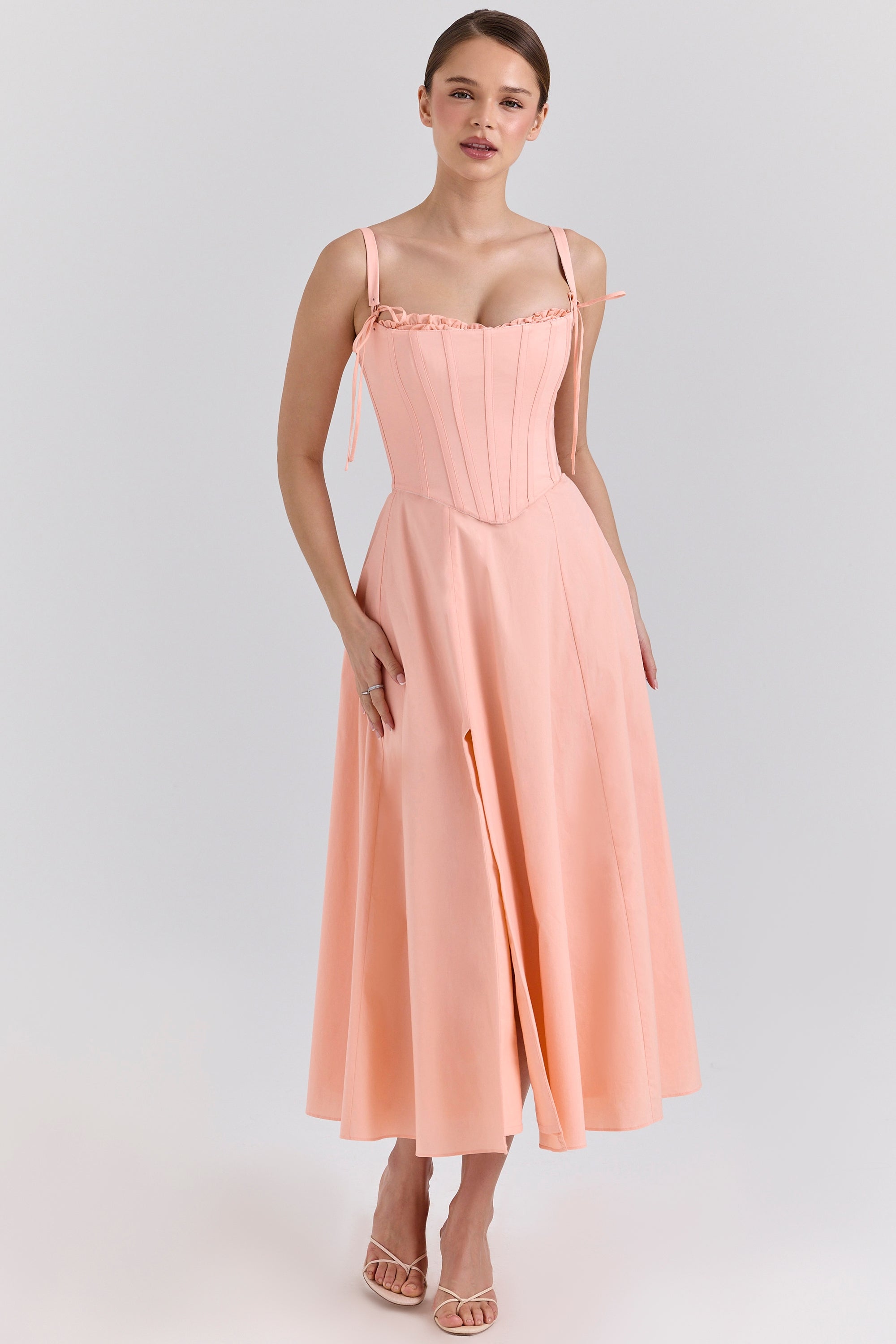 peach cotton detachable corset midi sundress