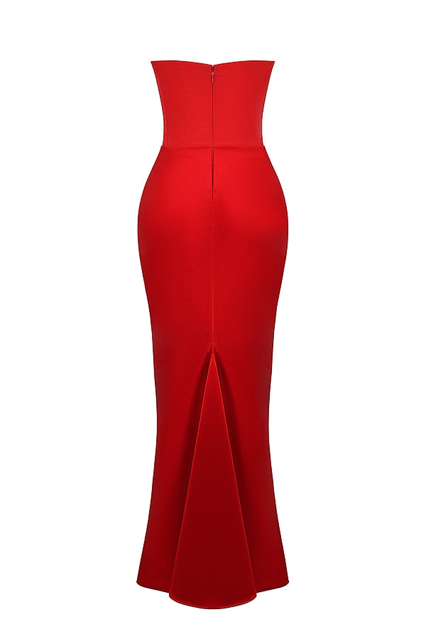 scarlet strapless corset maxi dress