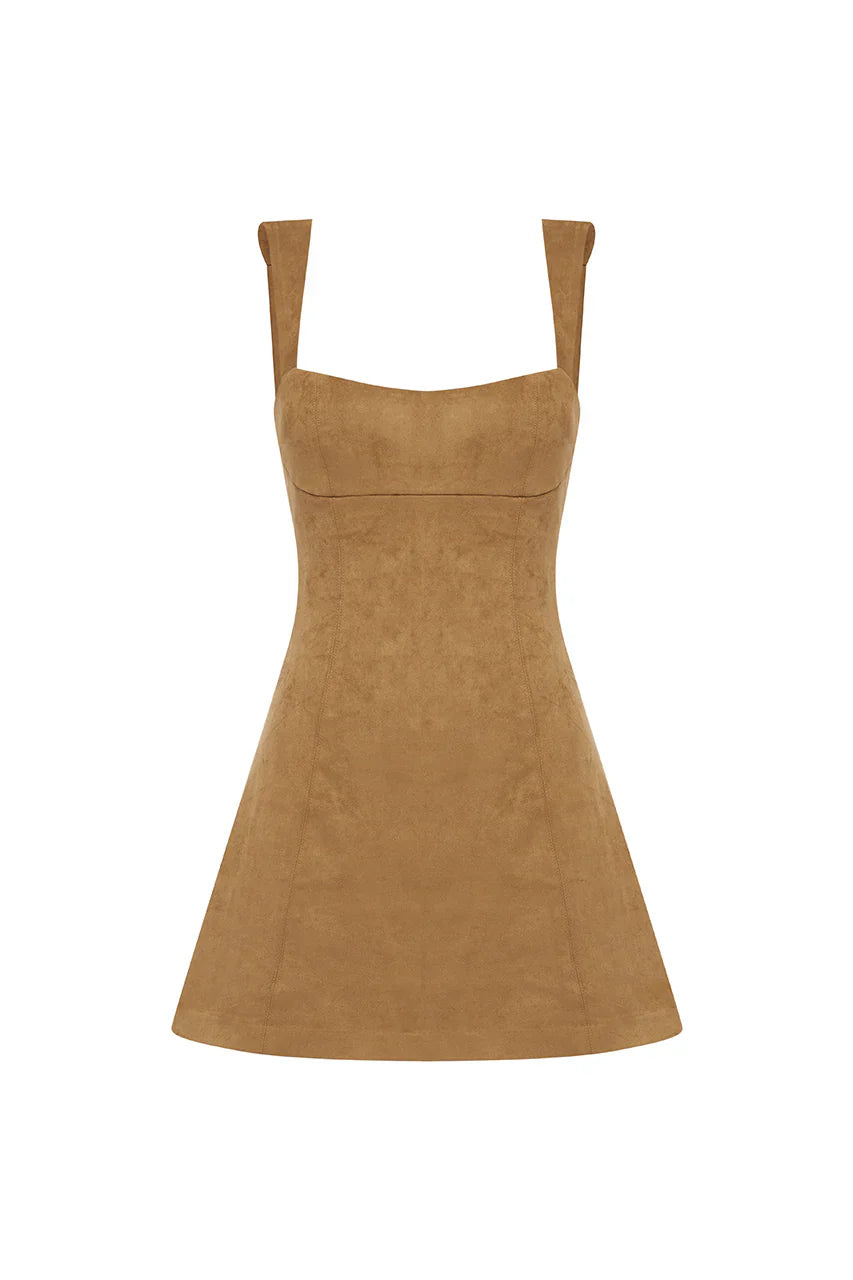 ZAELA SQUARE NECK FITTED MINI DRESS - TAN