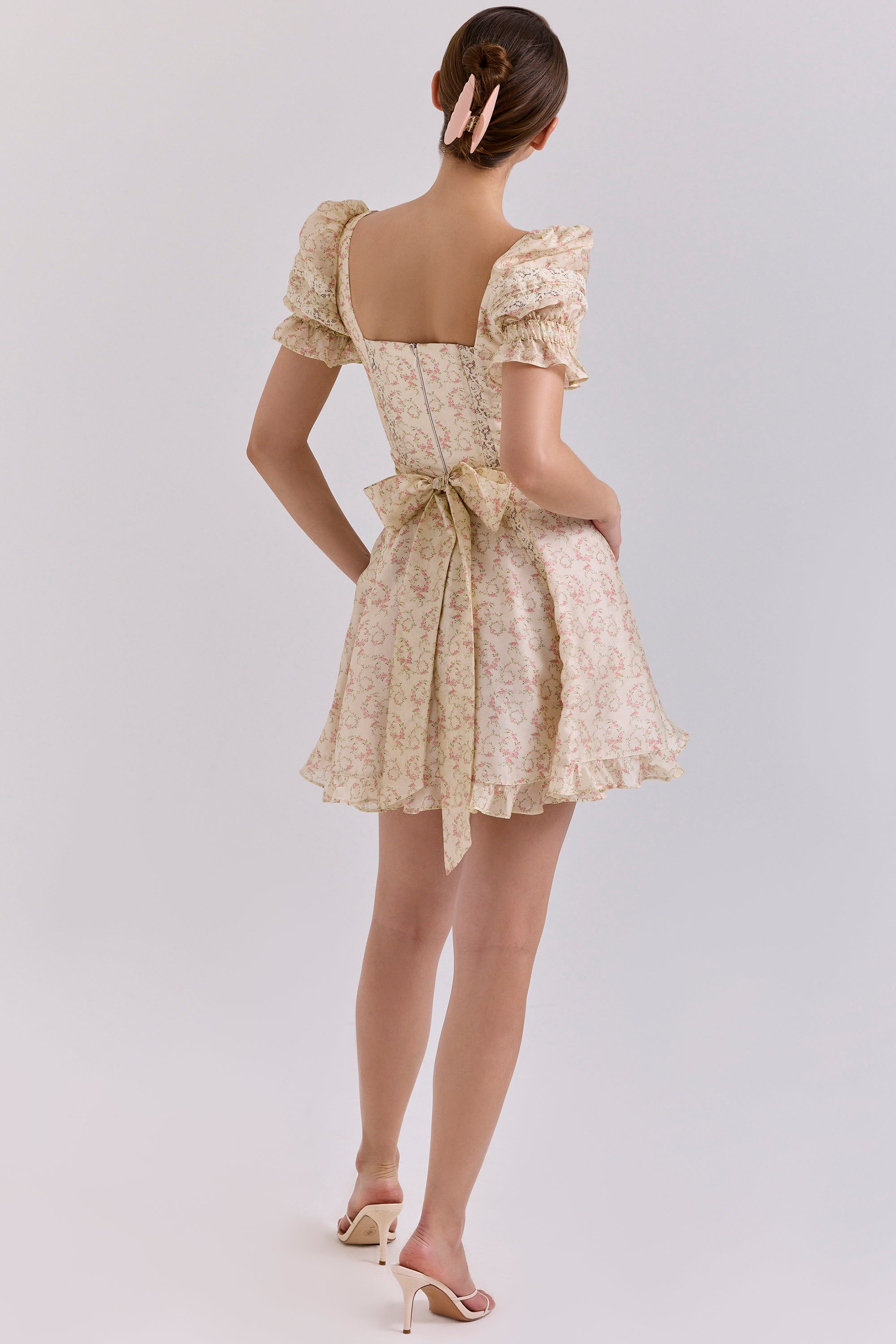 cream floral print chiffon puff sleeve mini dress