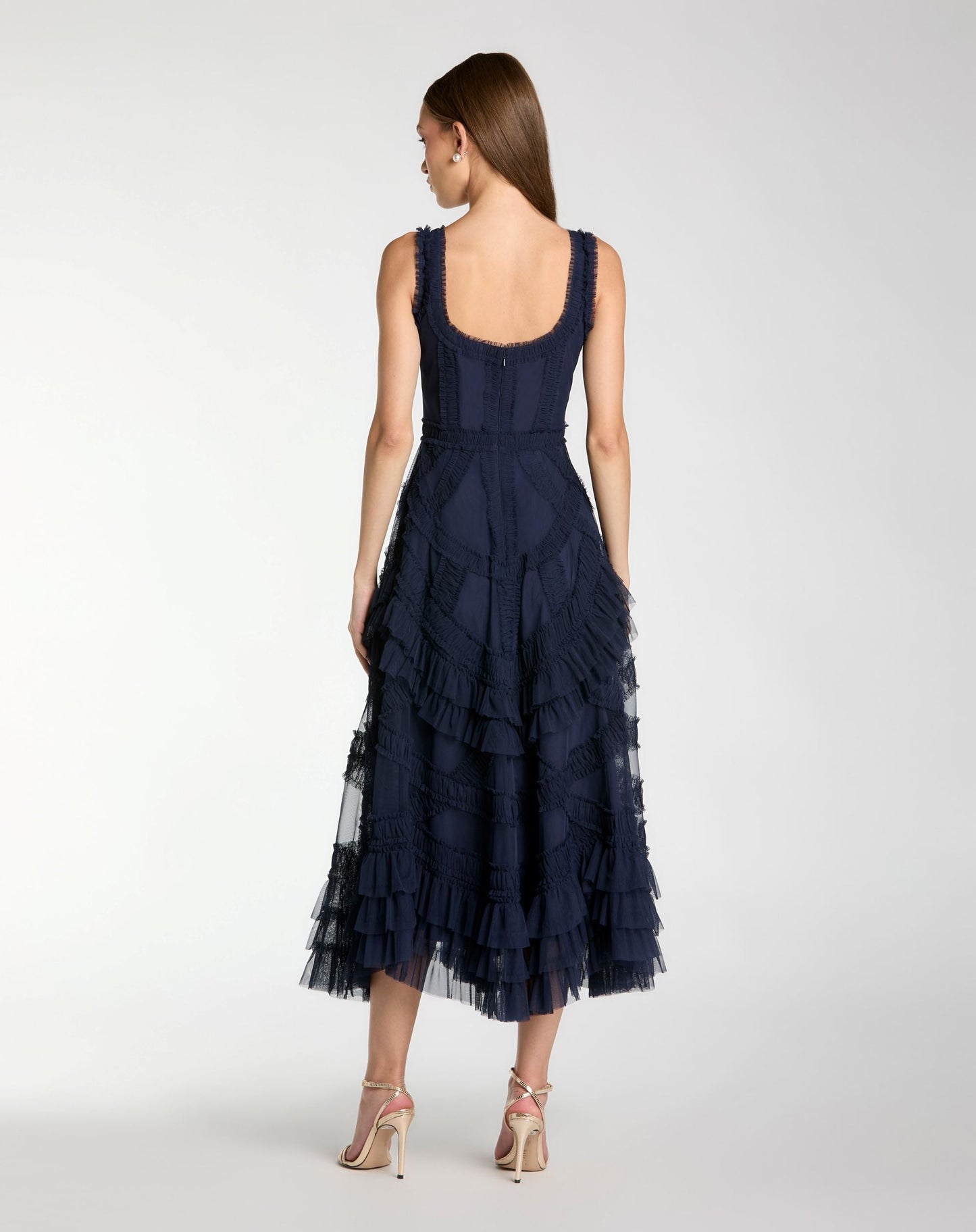 Navy Scoop Neck Sleeveless Micro Ruffle Midi Dress