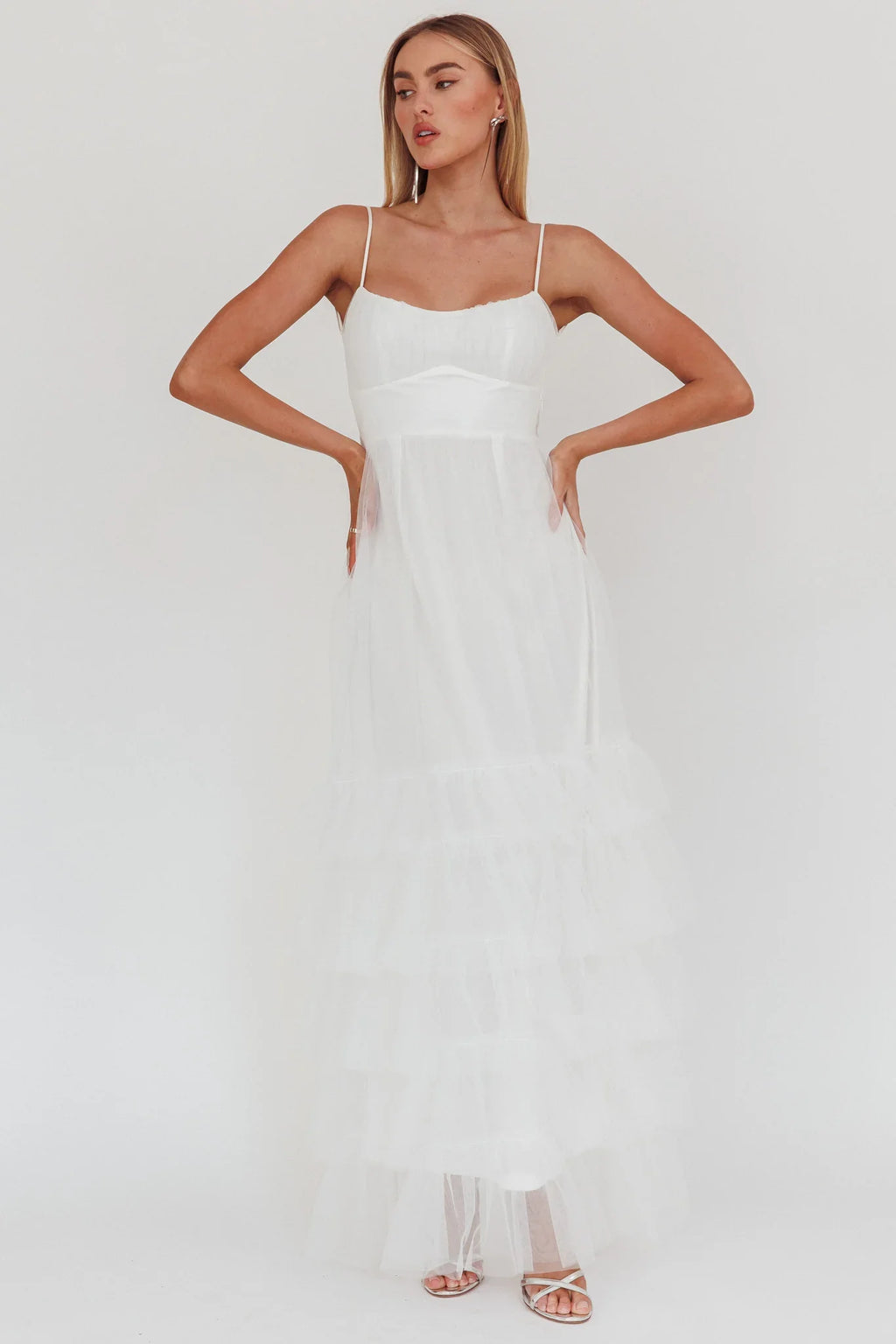 Nerida Twist Back Frill Trim Mesh Maxi Dress White