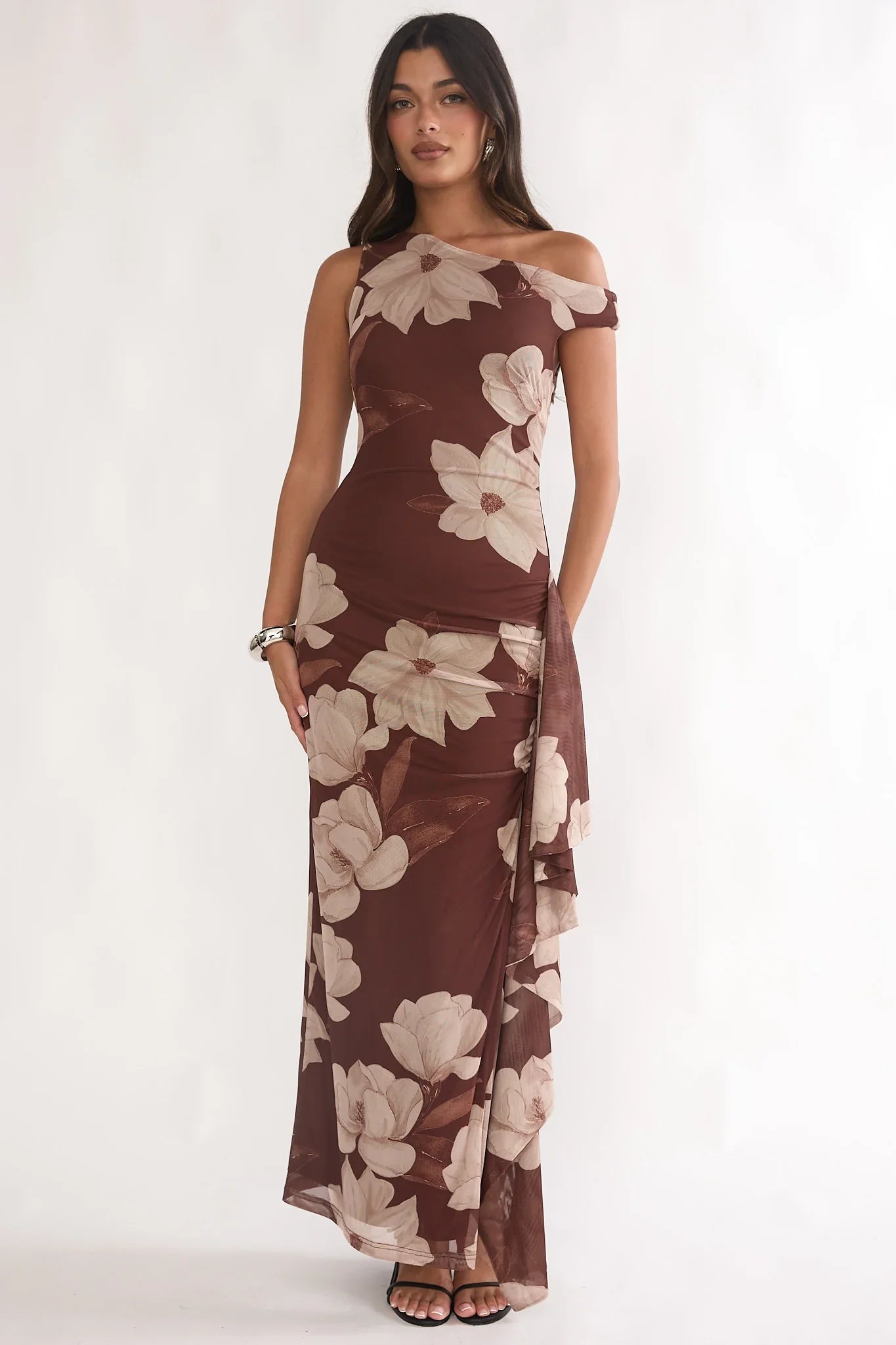 Raphaella Asymmetric Neckline Split Maxi Dress Magnolia Brown
