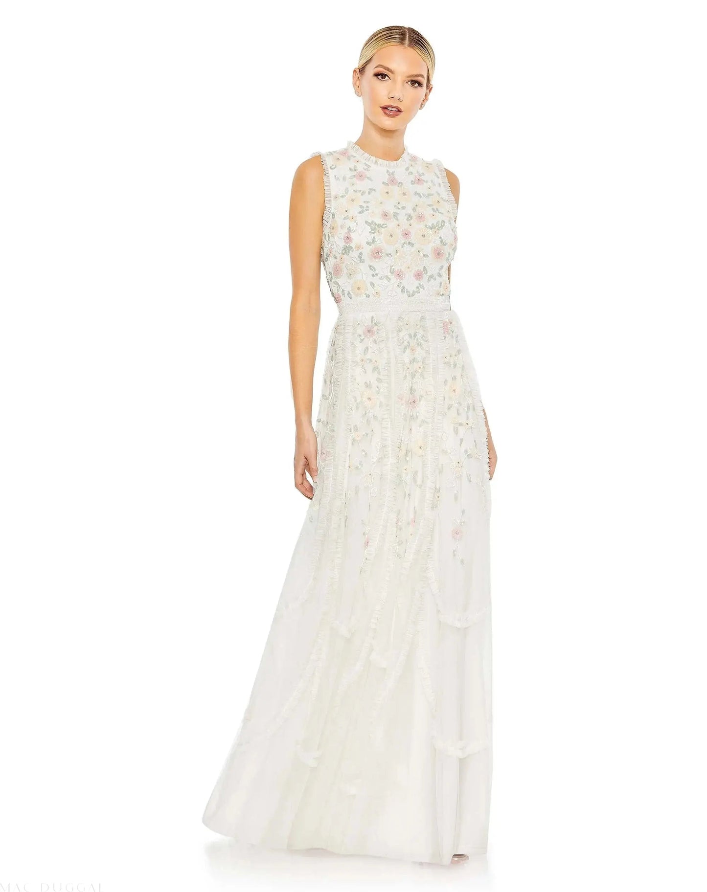 Embroidered High Neck Sleeveless Ruffled Gown