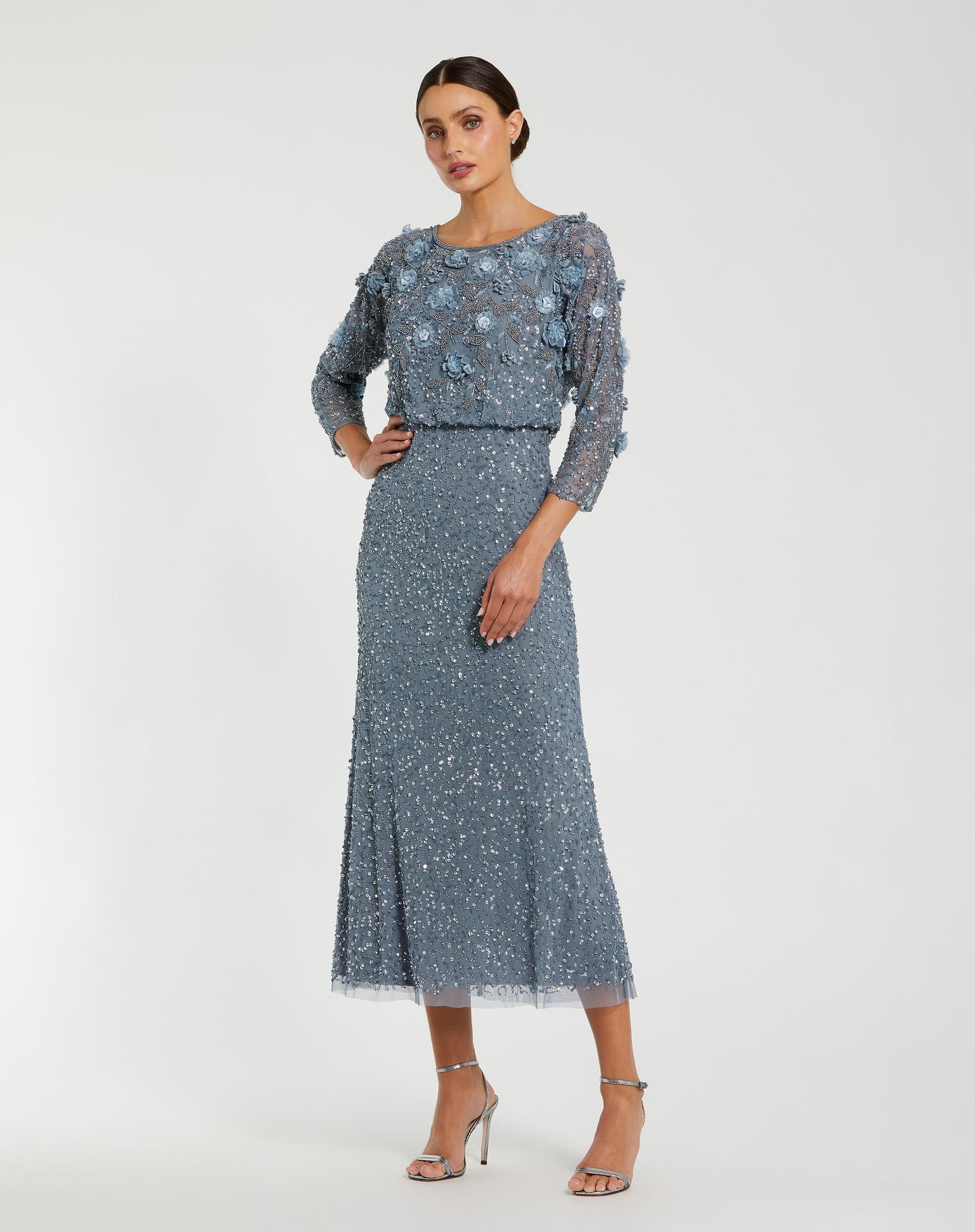 Blue Floral Embellished Midi Dress With 3/4 Sleeves