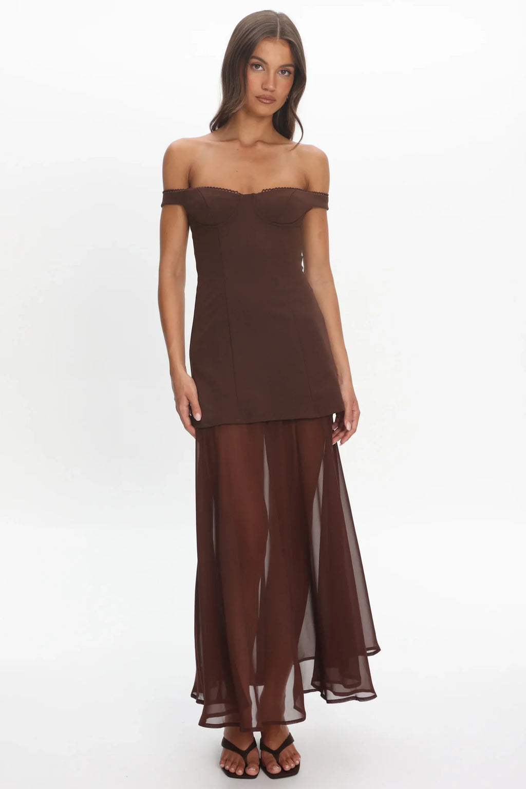 Opulent Off-Shoulder Sheer Hem Maxi Dress Chocolate
