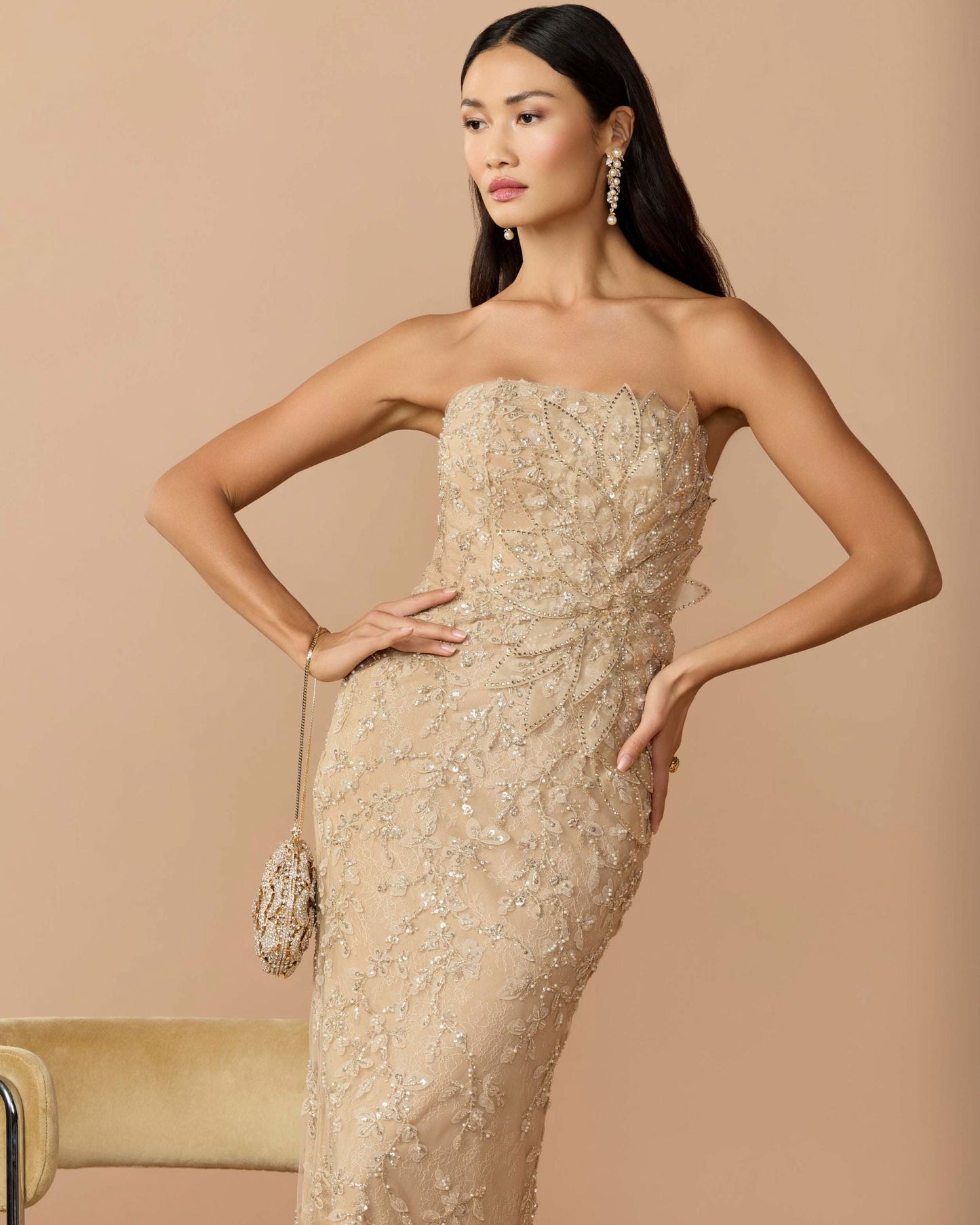Petite Beige Strapless Embellished Lace Gown with 3D Flower
