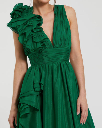 Petite Emerald Green Ruffle Shoulder V-Neck Chiffon Gown