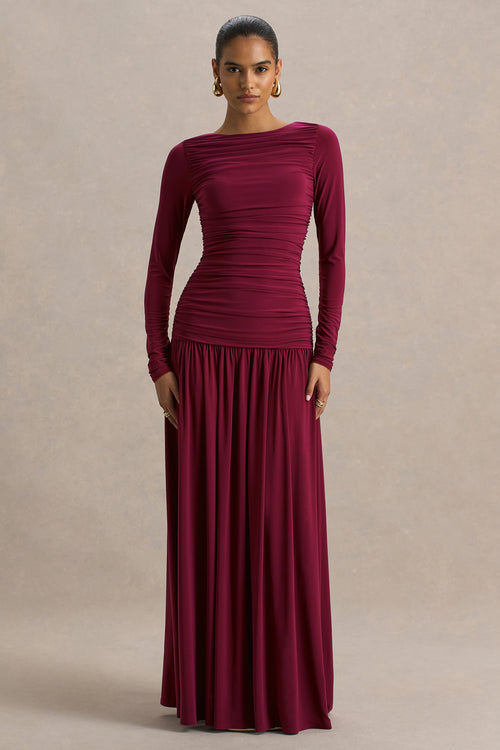 Aniyah | Burgundy Slashed-Neck Maxi Dress With Ruched Detailing