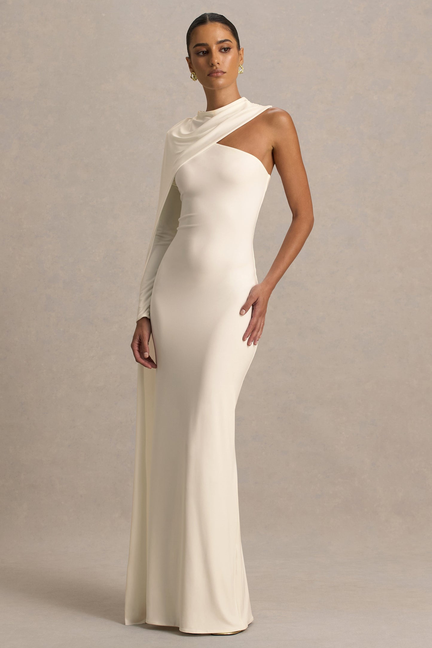 Dawn | Cream High-Neck Maxi Dress With One Long Cape-Sleeve