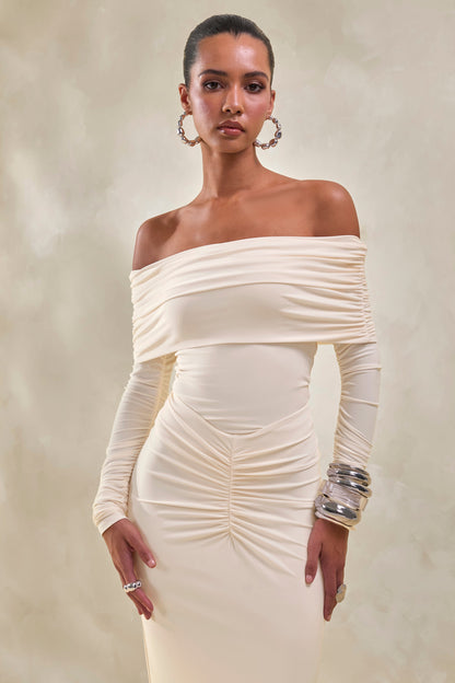 Drina | Cream Bardot Neck Thong Bodysuit With Ruched Long Sleeves