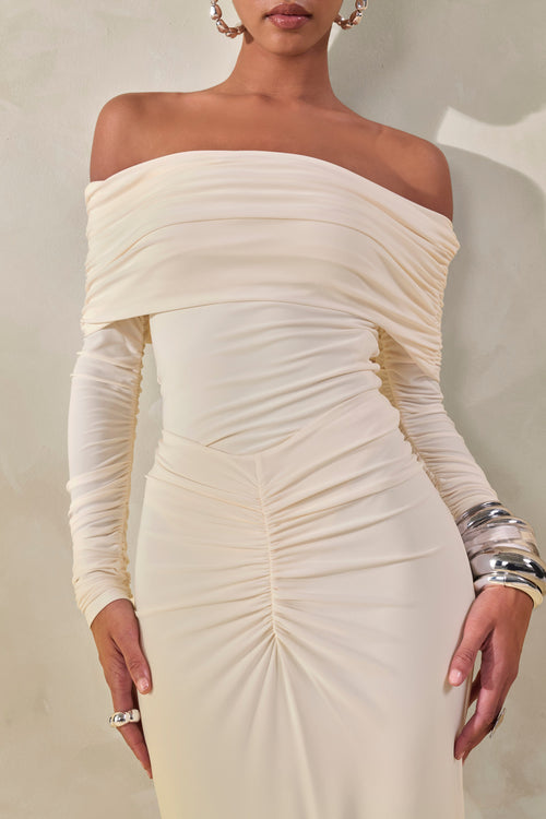 Drina | Cream Bardot Neck Thong Bodysuit With Ruched Long Sleeves