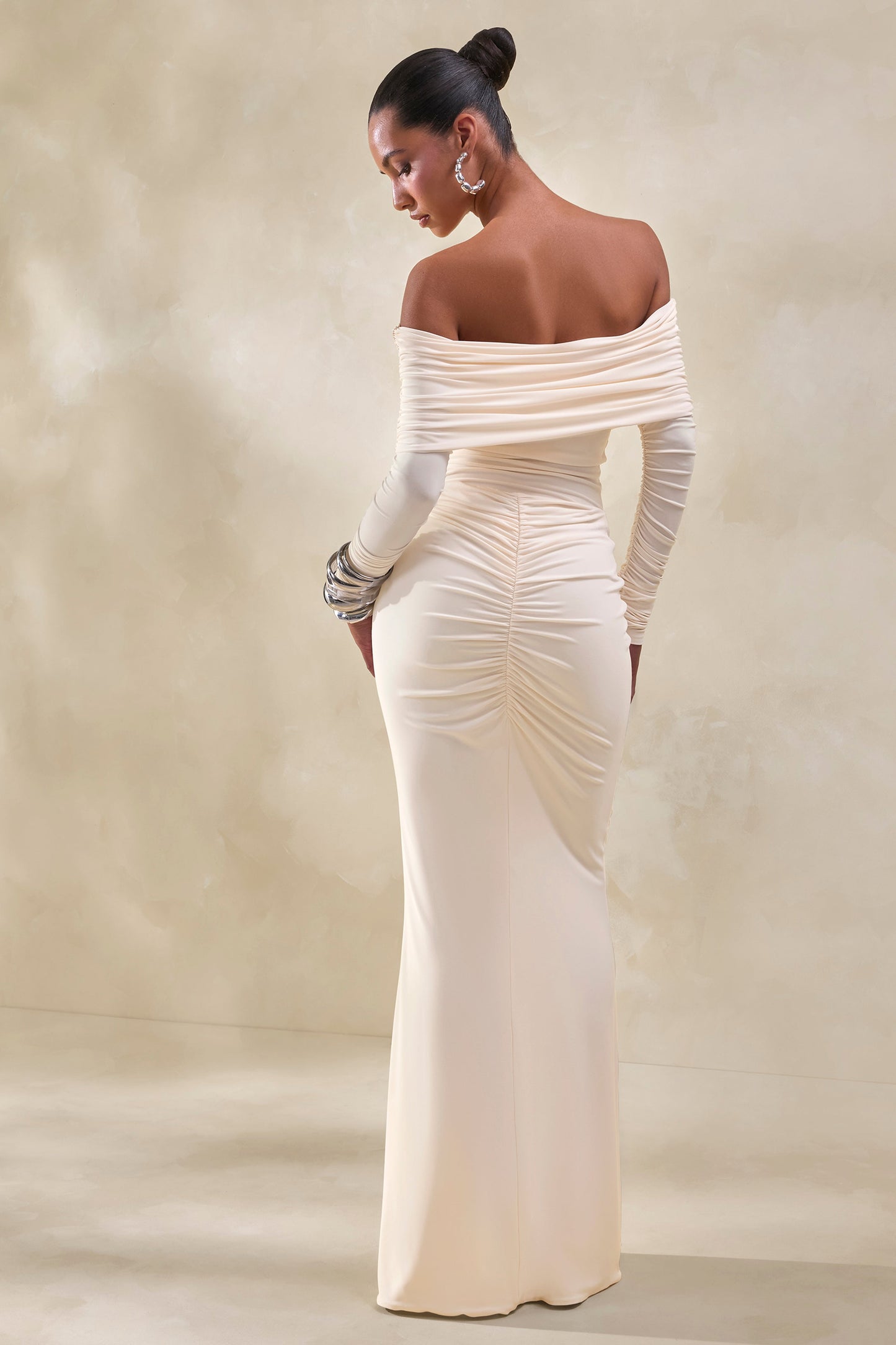 Drina | Cream Bardot Neck Thong Bodysuit With Ruched Long Sleeves