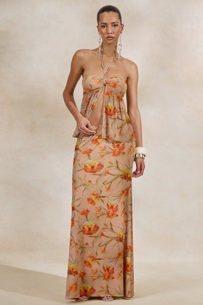 Flaviah | Orange Floral Print Mesh Maxi Skirt
