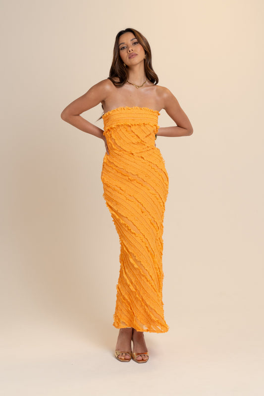 Dionne Strapless Textured Orange Maxi Dress