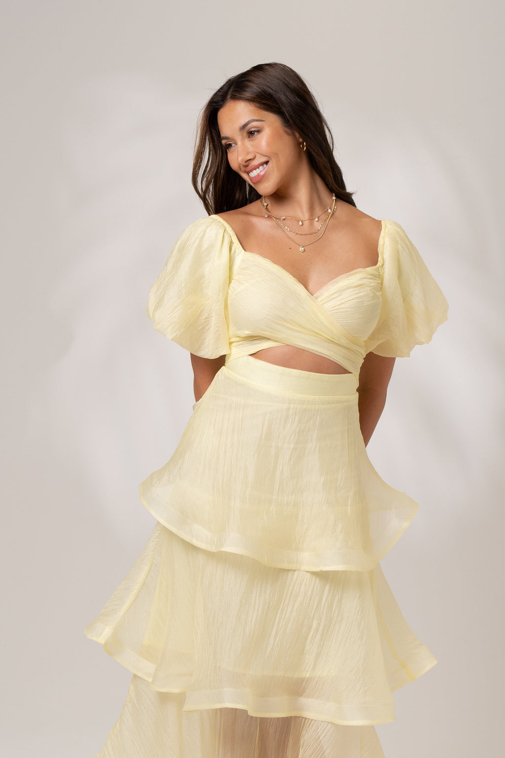 Imogen Tiered Yellow Midi Dress with Puff Sleeves