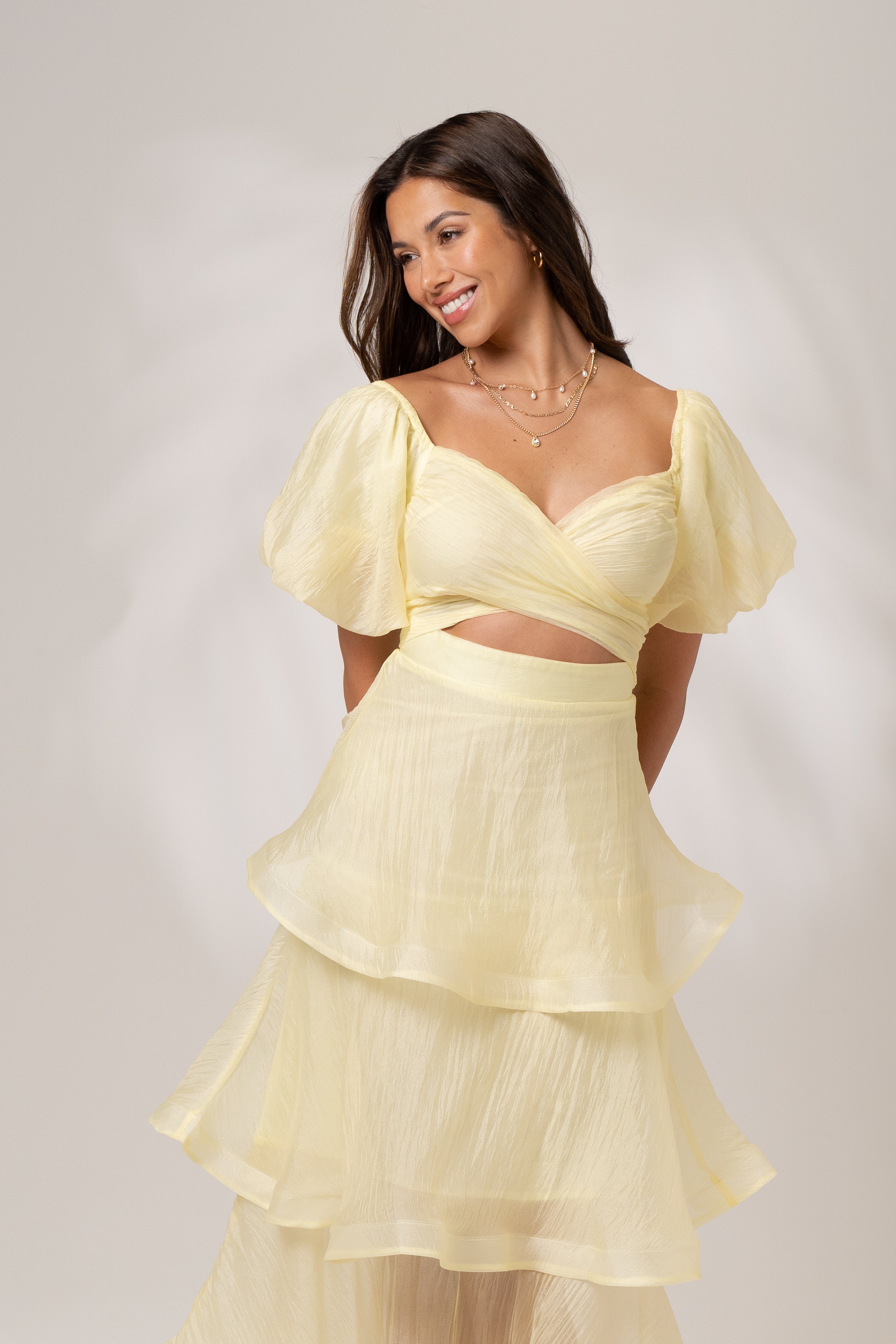 Imogen Tiered Yellow Midi Dress with Puff Sleeves