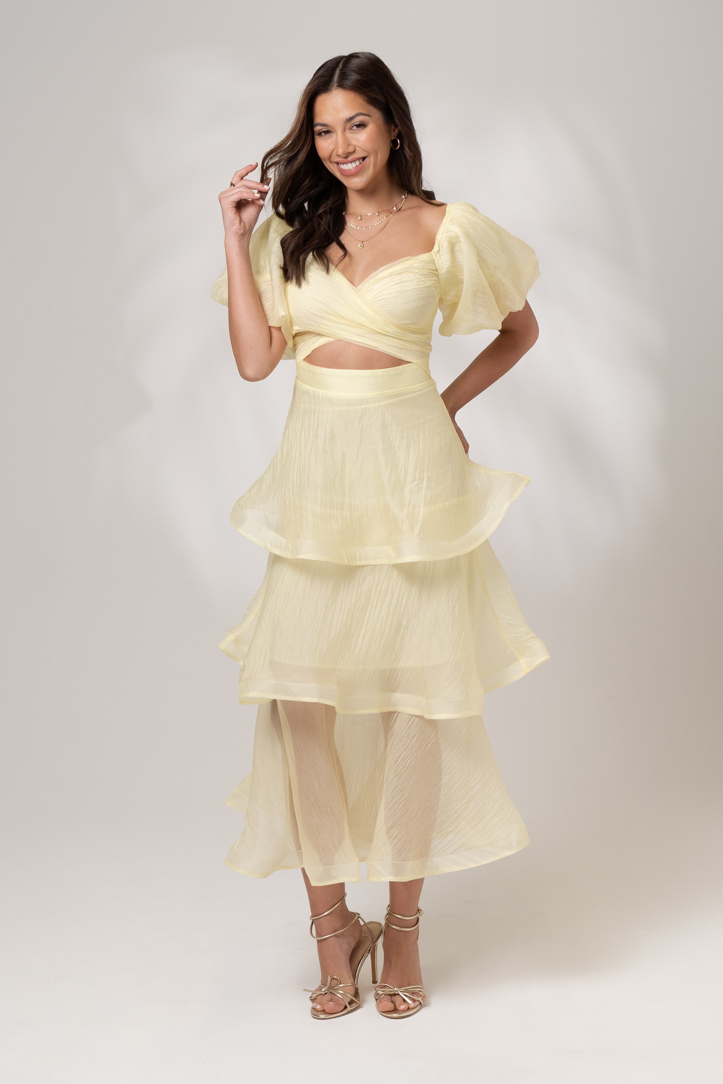Imogen Tiered Yellow Midi Dress with Puff Sleeves
