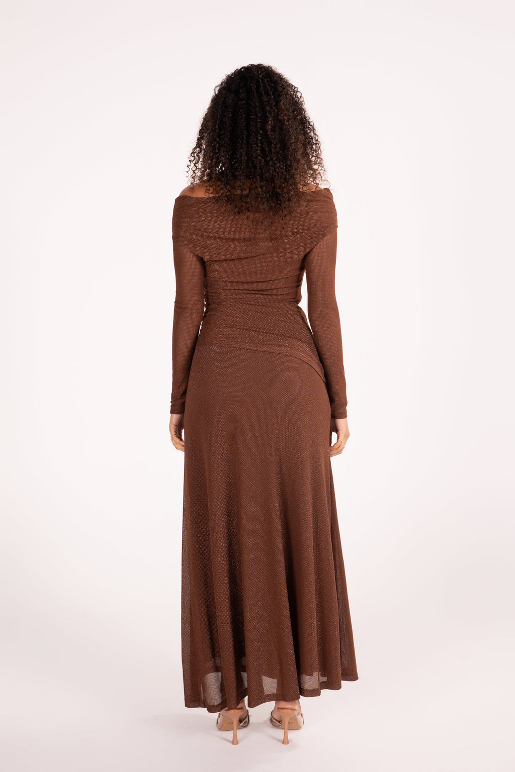 Irina Brown Shimmer Off Shoulder Maxi Dress with Sheer Long Sleeves