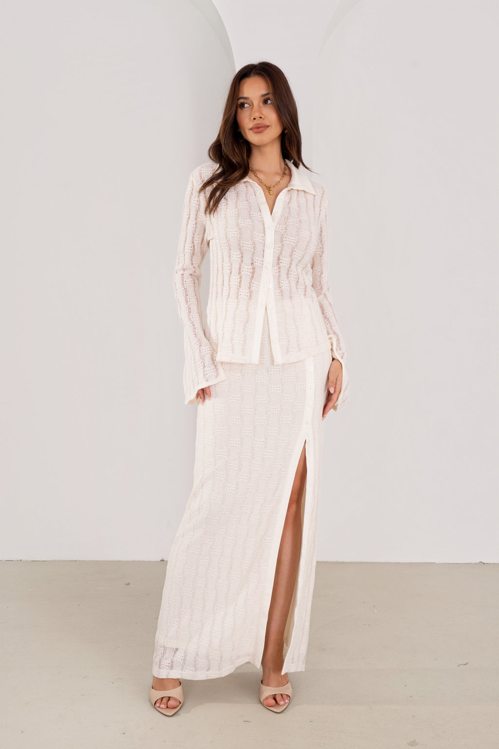 Josette Cream Knit Long Sleeve Button Down Top & Buttoned Maxi Skirt Set