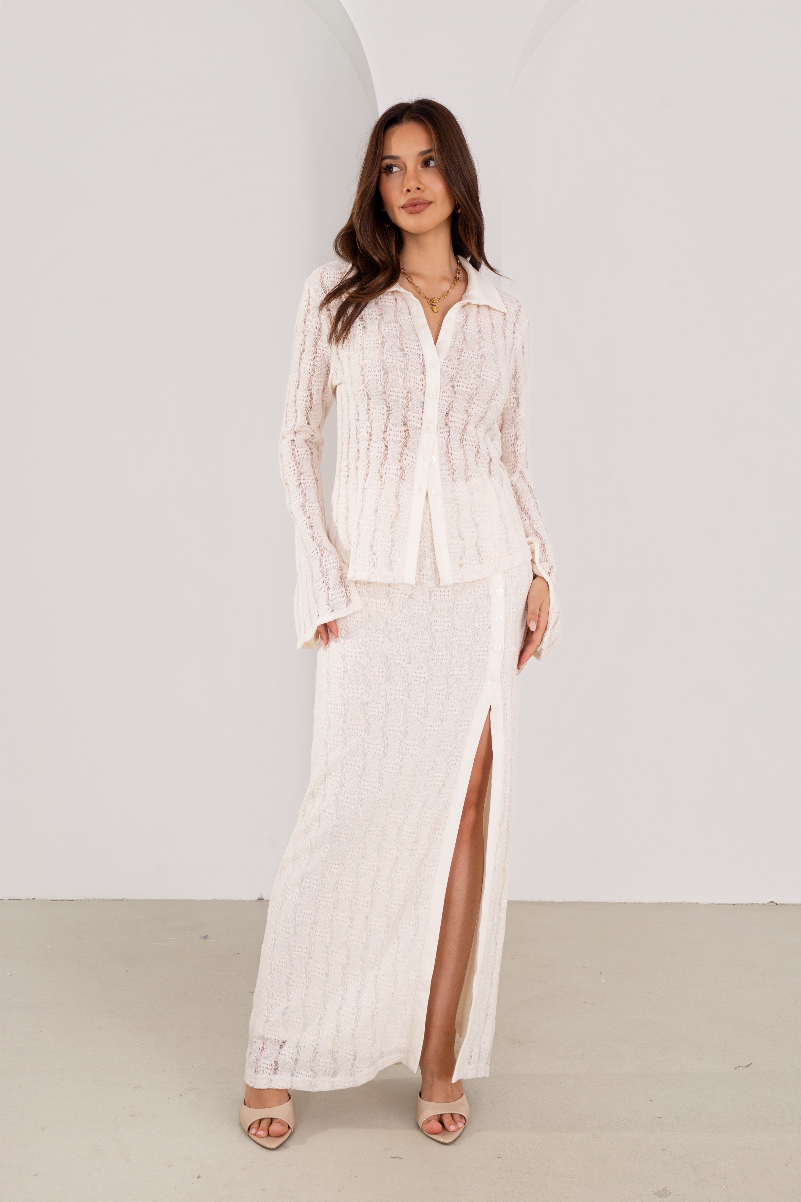 Josette Cream Knit Long Sleeve Button Down Top & Buttoned Maxi Skirt Set