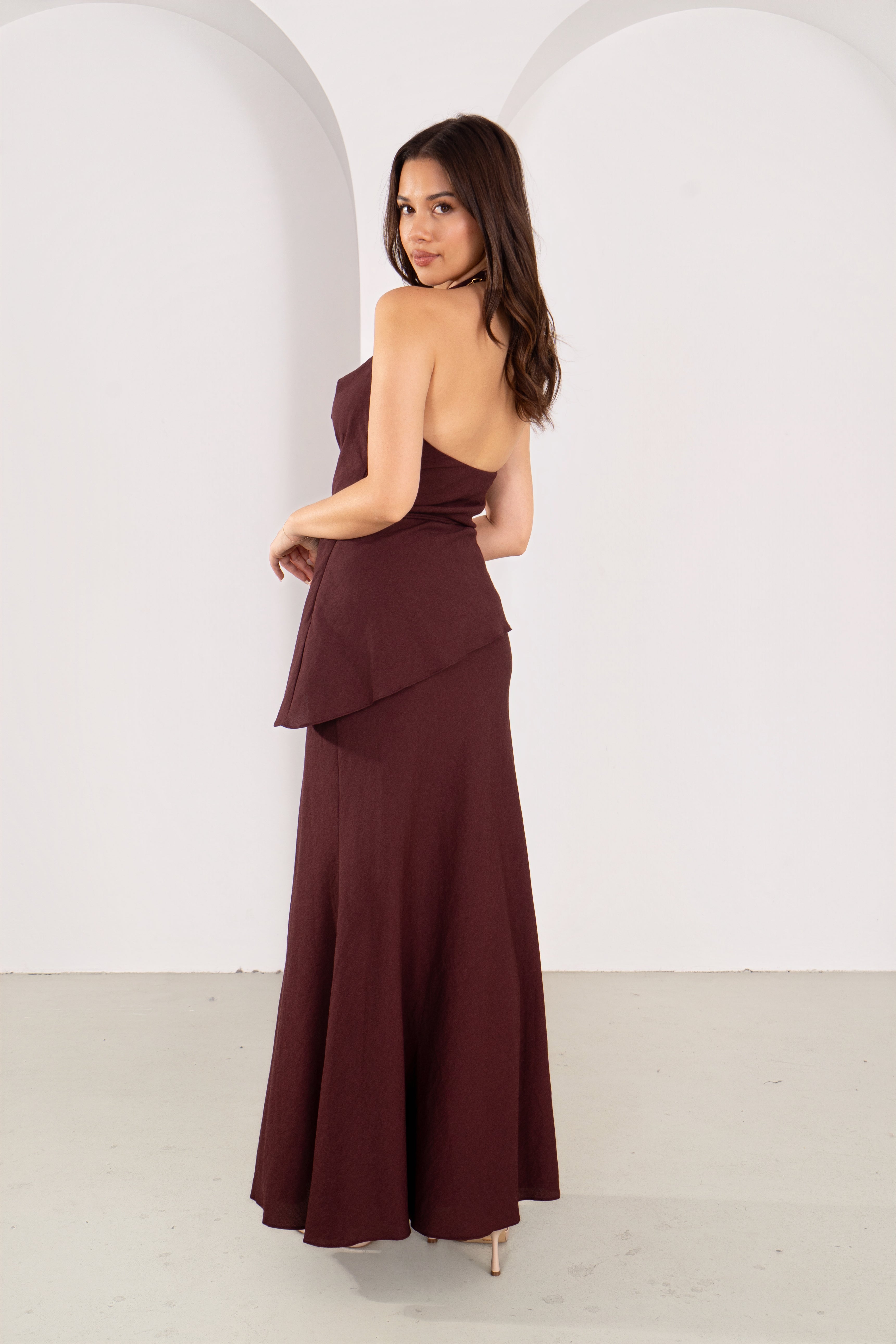 Kasmira Wine Halter Top with Tie & Maxi Skirt Set