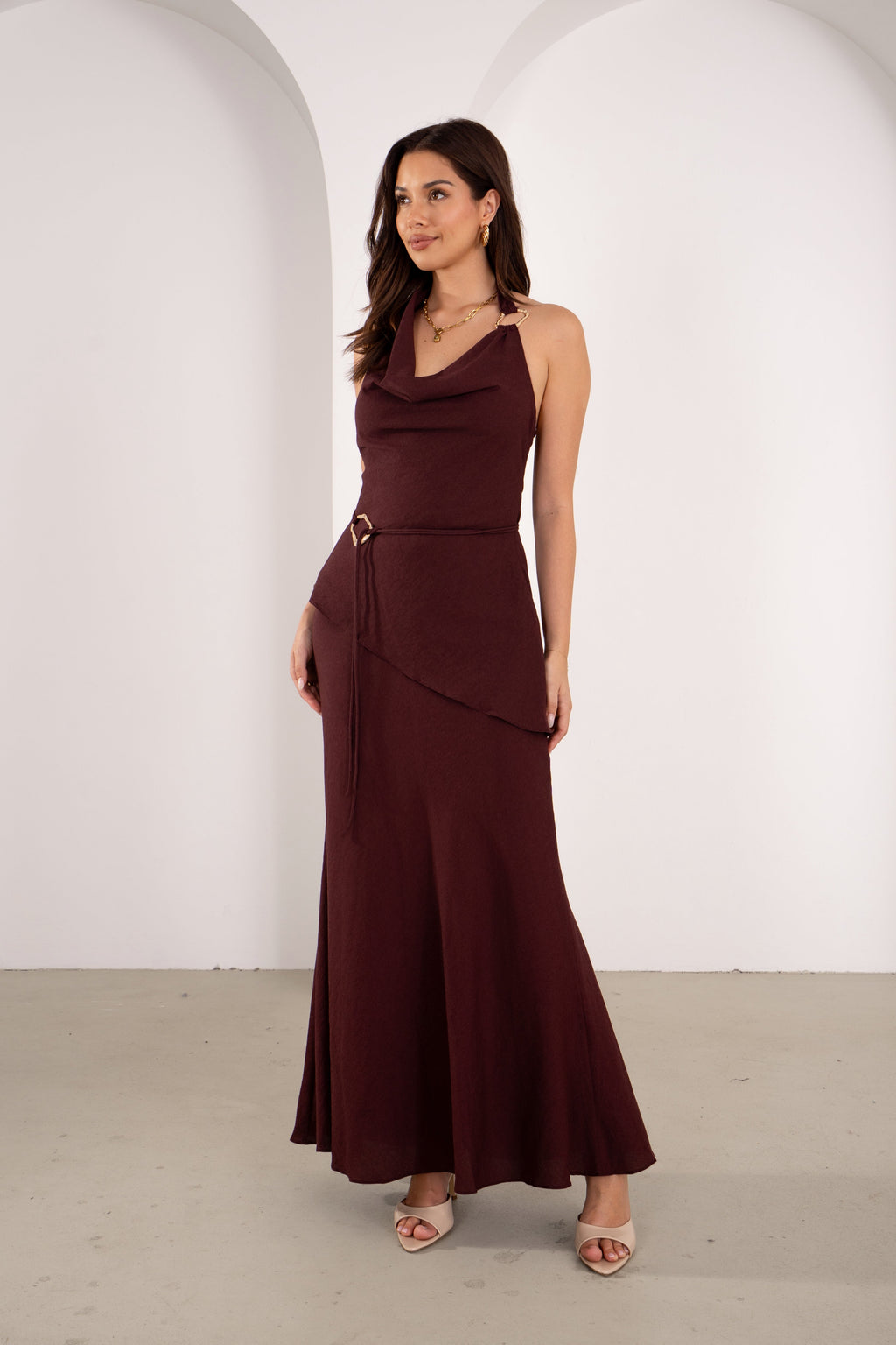 Kasmira Wine Halter Top with Tie & Maxi Skirt Set